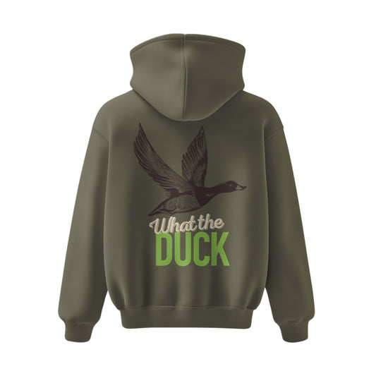 Premium-Unisex-Hoodie „What the Duck“ Mit Rückenprint und Logo-Stick vorne