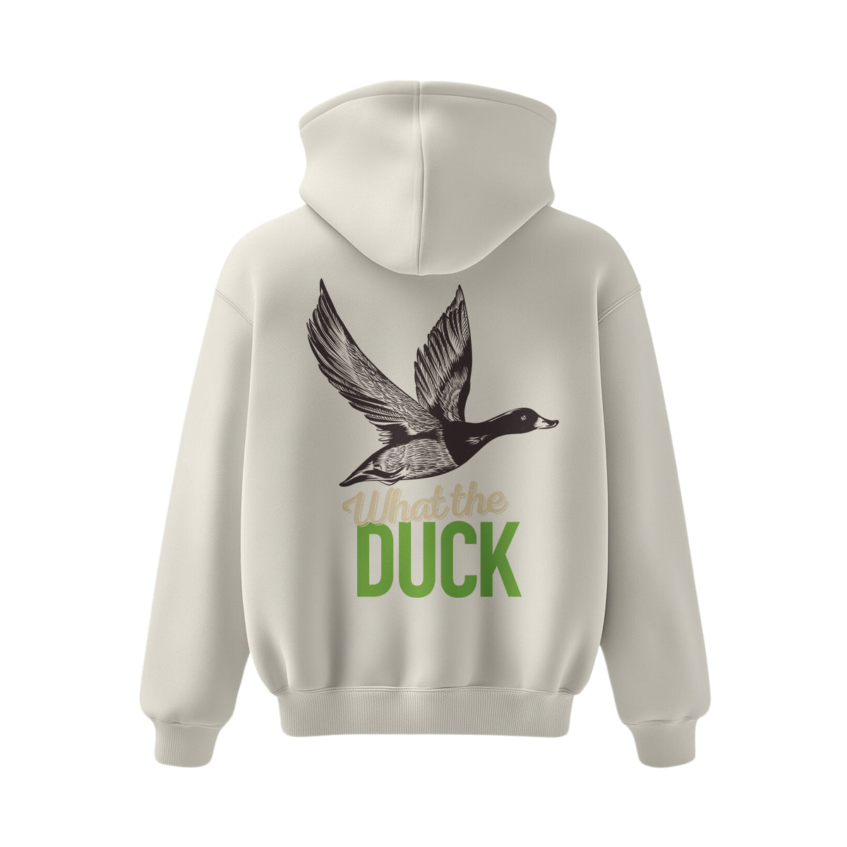 Premium-Unisex-Hoodie „What the Duck“ Creme Mit Rückenprint und Logo-Stick vorne